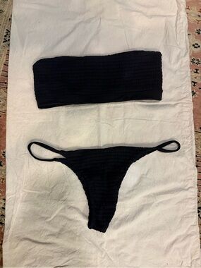San Lorenzo Black Smocked Bandeau bikini top and bottom medium